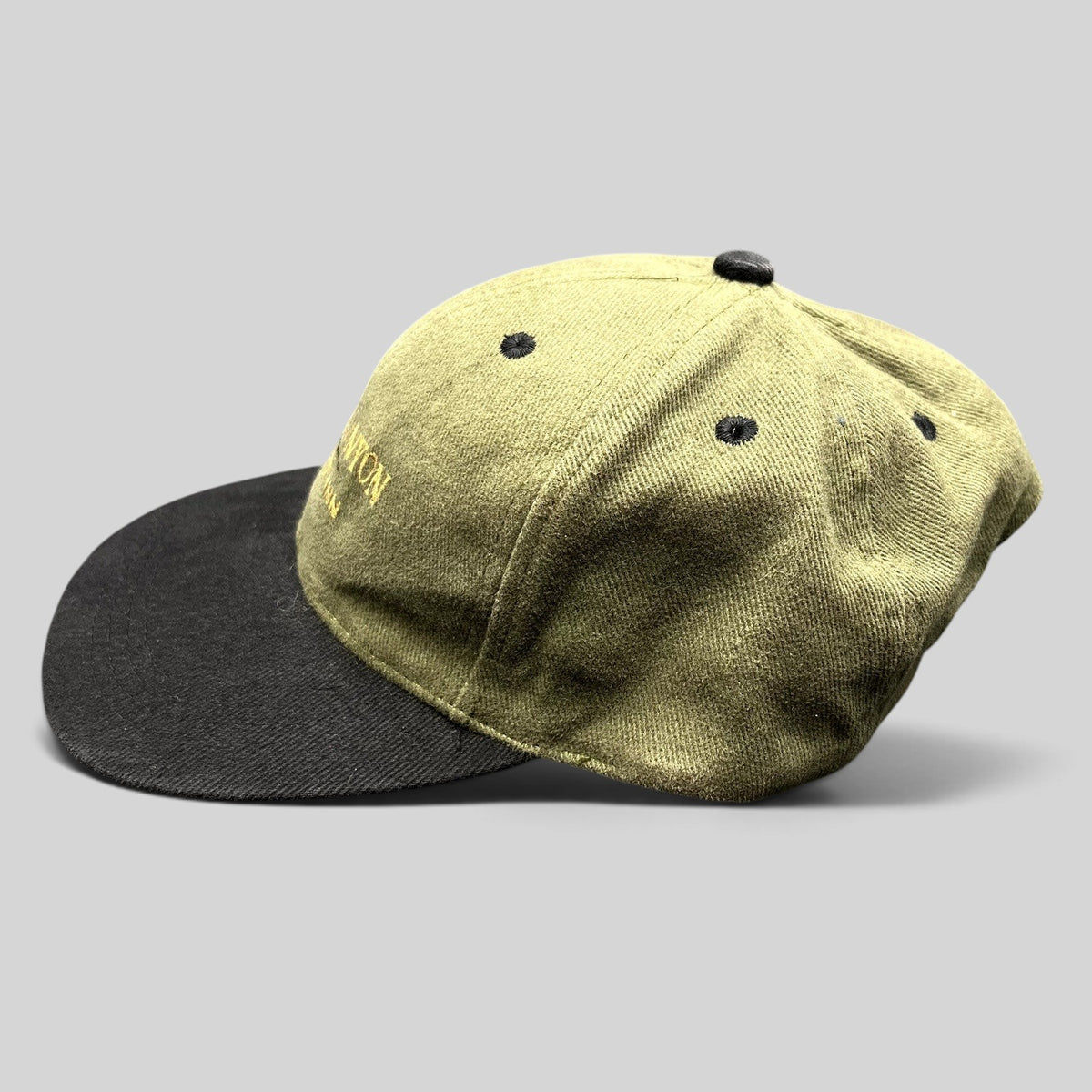 Raree Finds vintage olive green cotton strapback hat with a black brim and Grand Canyon Squire Inn embroidery