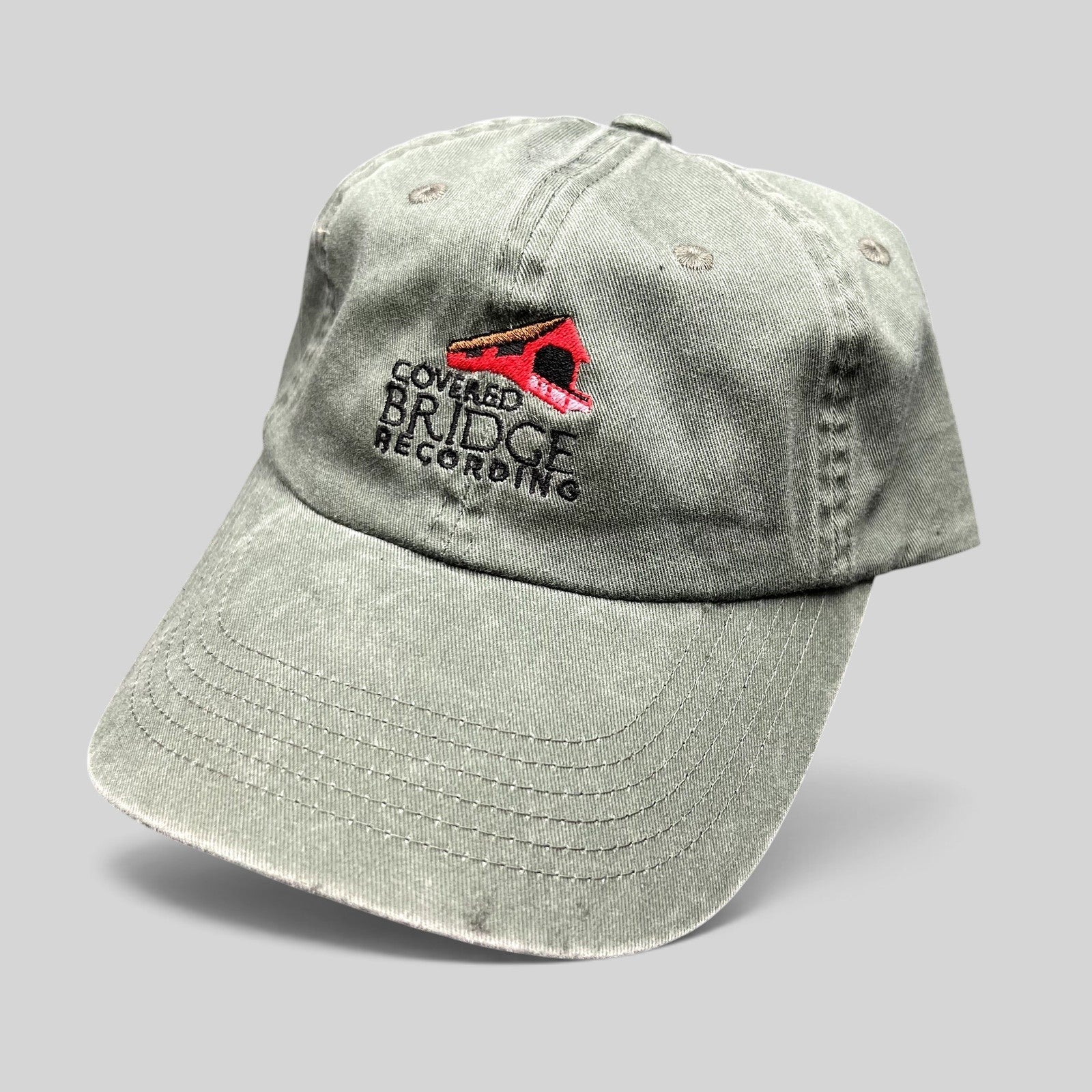 Raree Finds olive green garment-washed cotton strapback hat with Covered Bridge Recording embroidered logo