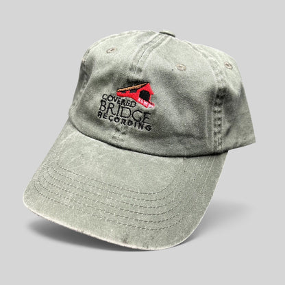 Raree Finds olive green garment-washed cotton strapback hat with Covered Bridge Recording embroidered logo
