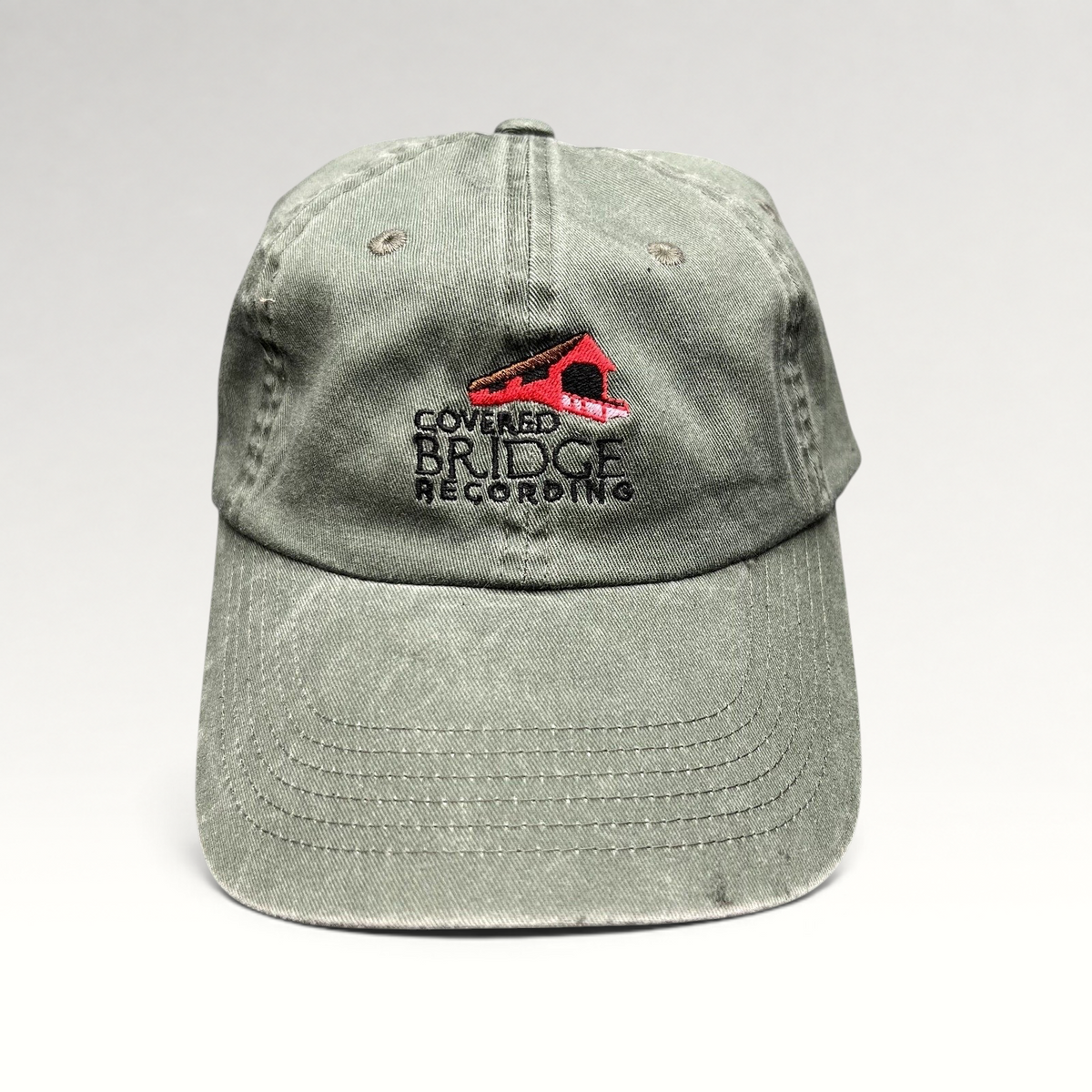 Raree Finds olive green garment-washed cotton strapback hat with Covered Bridge Recording embroidered logo