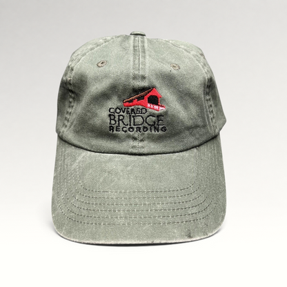 Raree Finds olive green garment-washed cotton strapback hat with Covered Bridge Recording embroidered logo