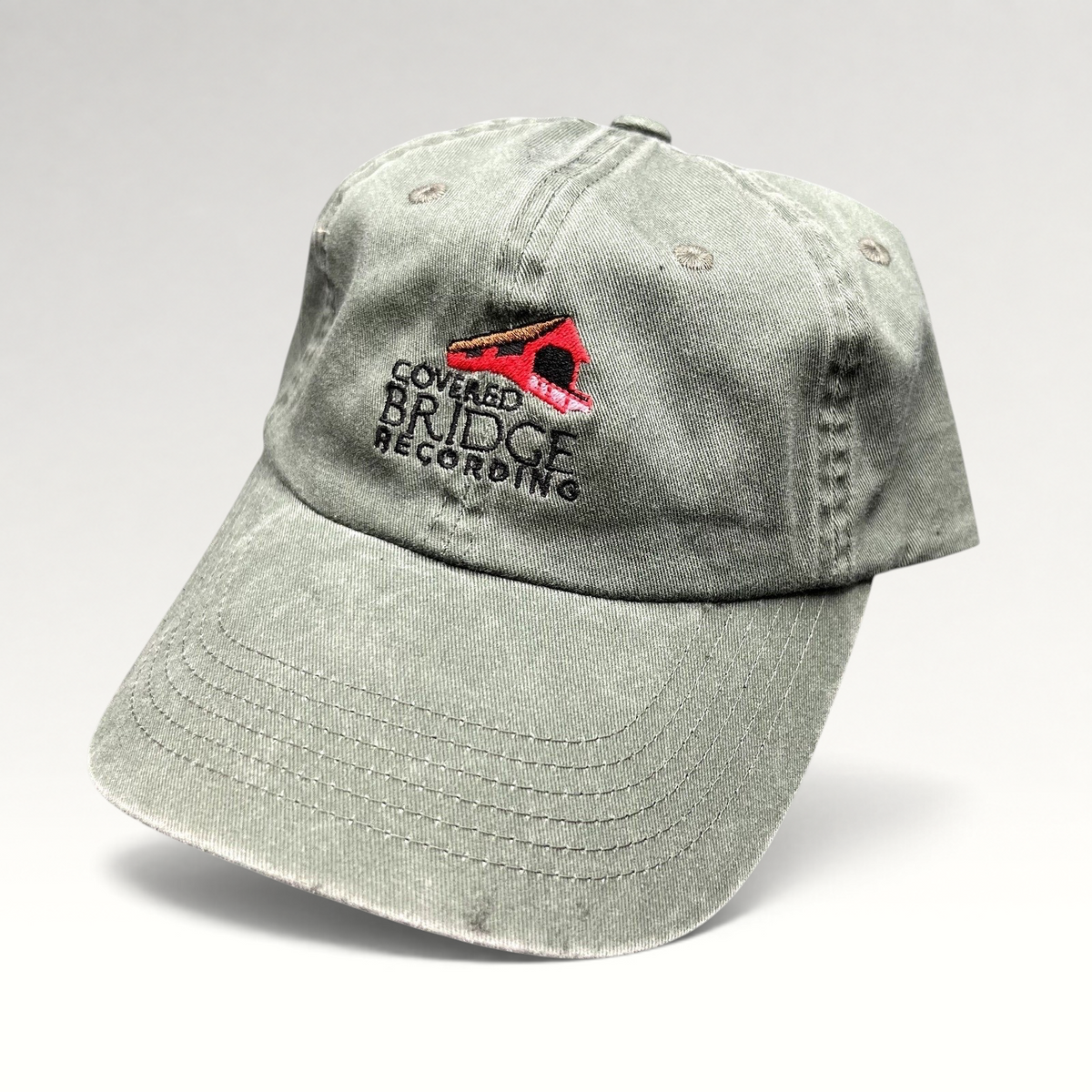 Raree Finds olive green garment-washed cotton strapback hat with Covered Bridge Recording embroidered logo