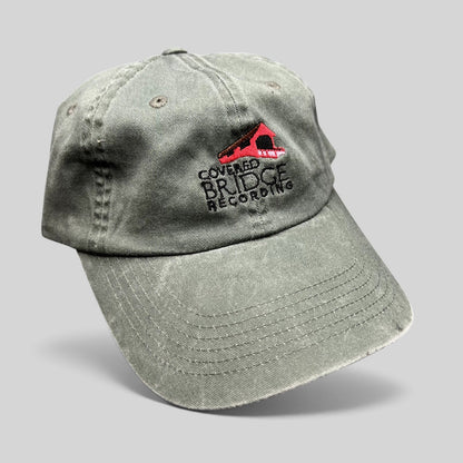 Raree Finds olive green garment-washed cotton strapback hat with Covered Bridge Recording studio logo embroidery