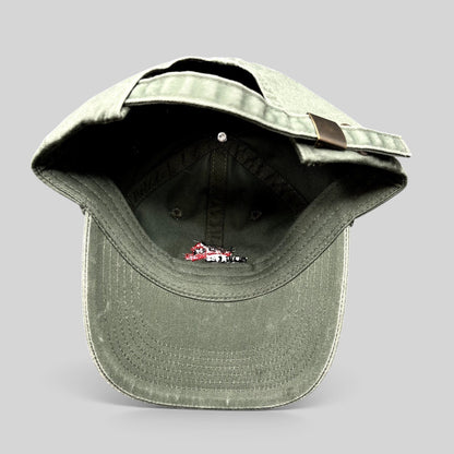 Raree Finds olive green cotton strapback hat with Covered Bridge Recording logo, featuring a brass-tone buckle.