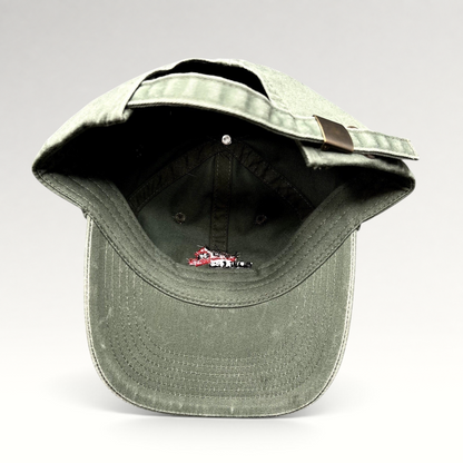 Raree Finds olive green cotton strapback hat with Covered Bridge Recording logo, featuring a brass-tone buckle.