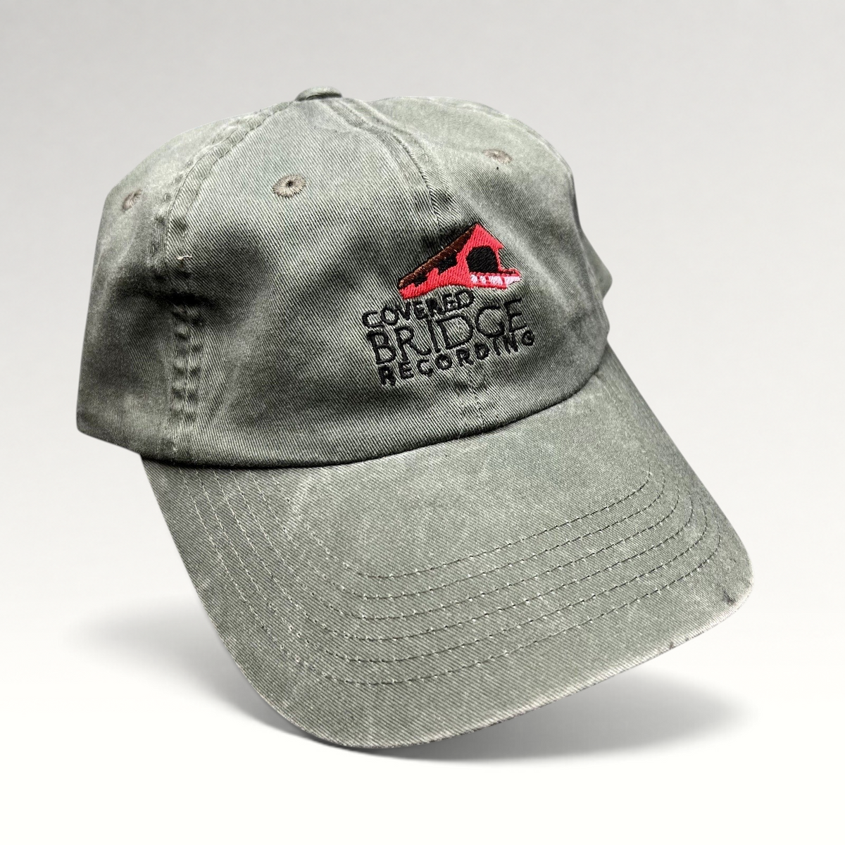 Raree Finds olive green garment-washed cotton strapback hat with Covered Bridge Recording embroidered logo