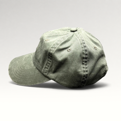 Raree Finds olive green garment-washed cotton strapback hat with curved brim and brass-tone buckle