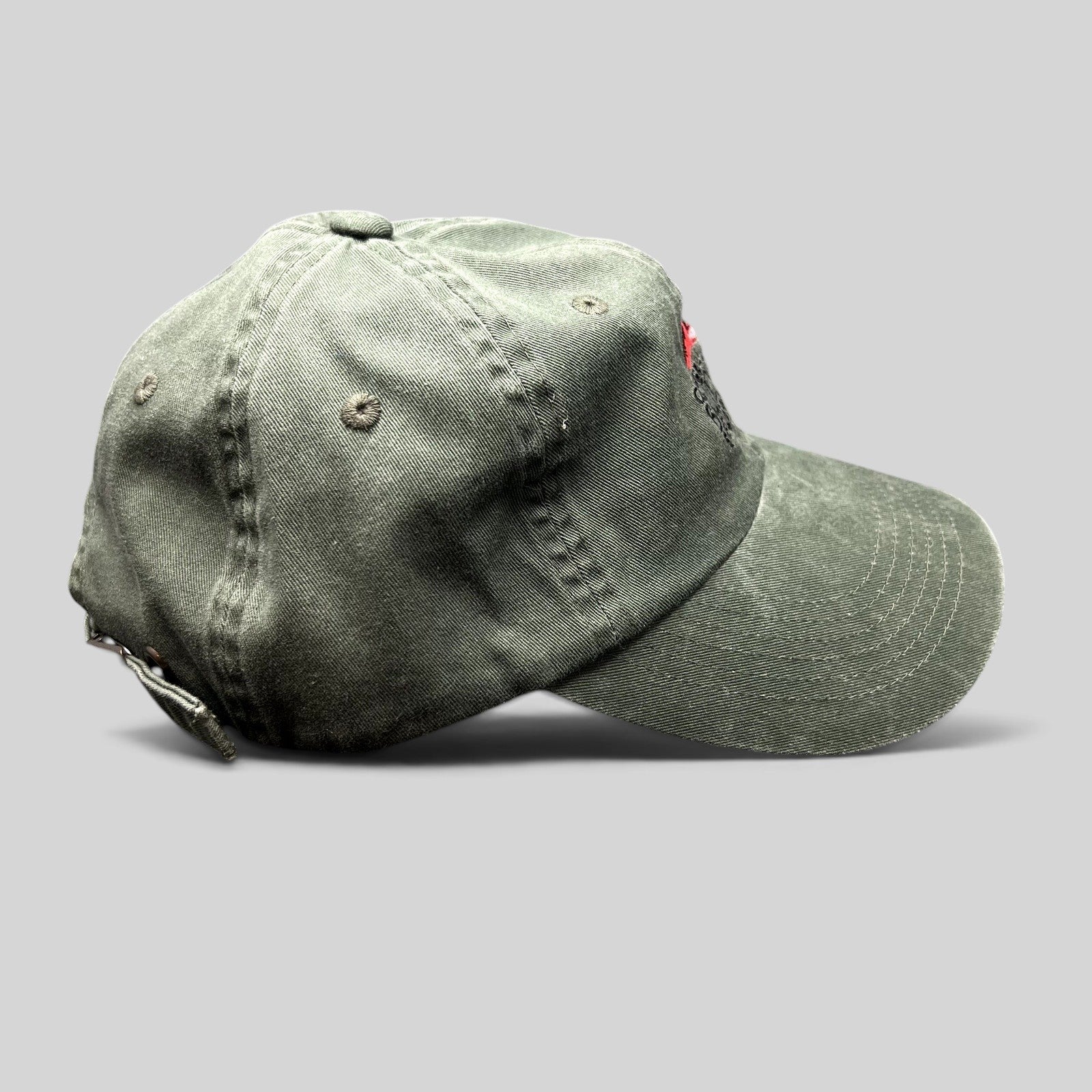 Raree Finds olive green garment-washed cotton strapback hat with Covered Bridge Recording logo and brass buckle
