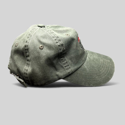 Raree Finds olive green garment-washed cotton strapback hat with Covered Bridge Recording logo and brass buckle