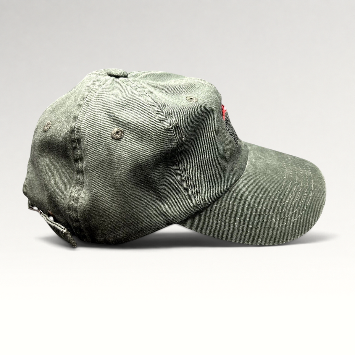 Raree Finds olive green garment-washed cotton strapback hat with Covered Bridge Recording logo and brass buckle