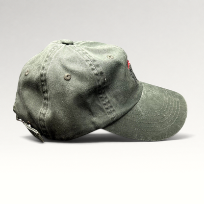 Raree Finds olive green garment-washed cotton strapback hat with Covered Bridge Recording logo and brass buckle