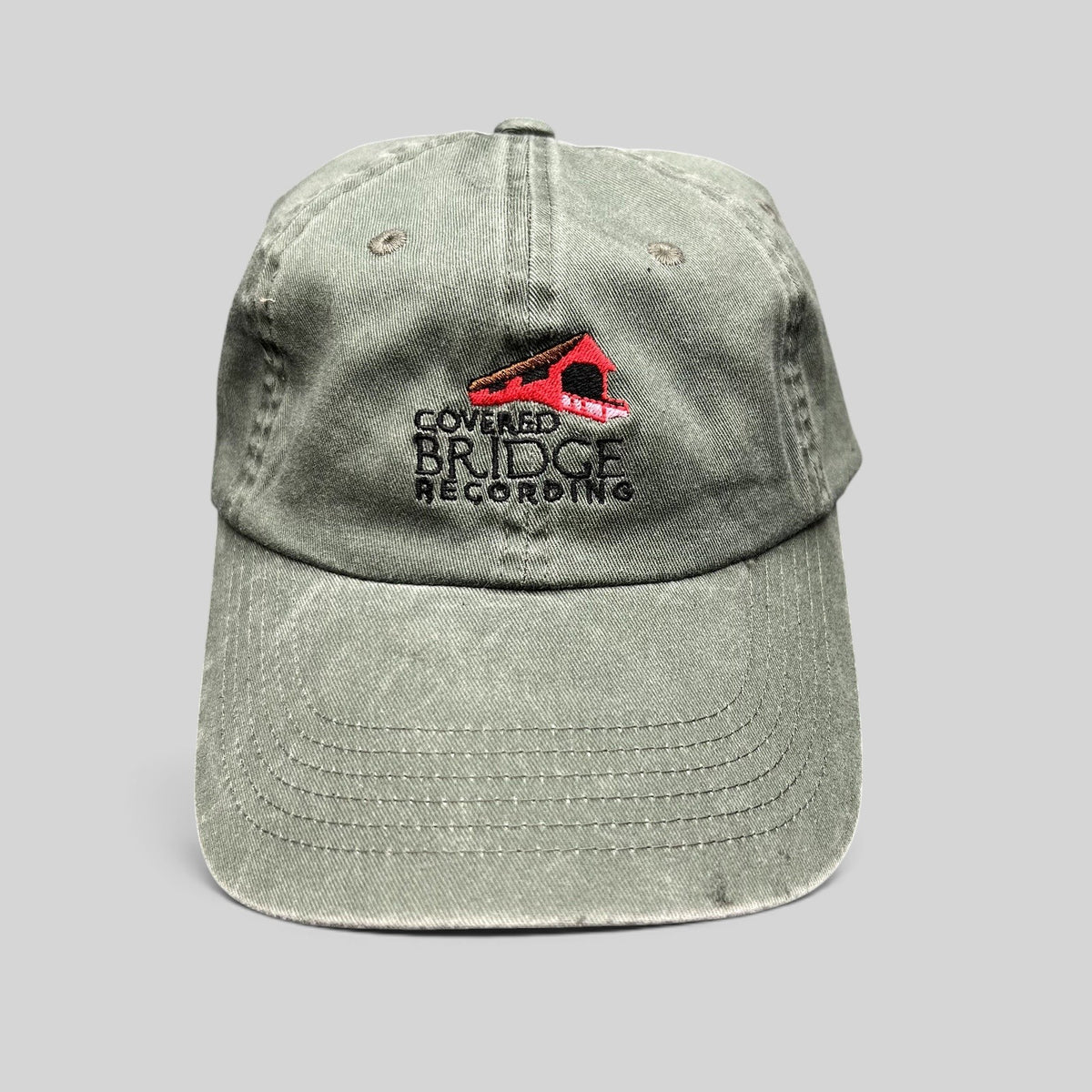 Raree Finds olive green garment-washed cotton strapback hat with Covered Bridge Recording embroidered logo