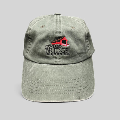 Raree Finds olive green garment-washed cotton strapback hat with Covered Bridge Recording embroidered logo