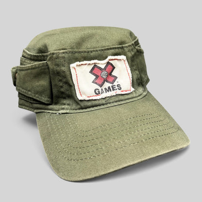 Raree Finds vintage olive green X Games cadet military cap with distressed raw-edge patch and ESPN side embroidery