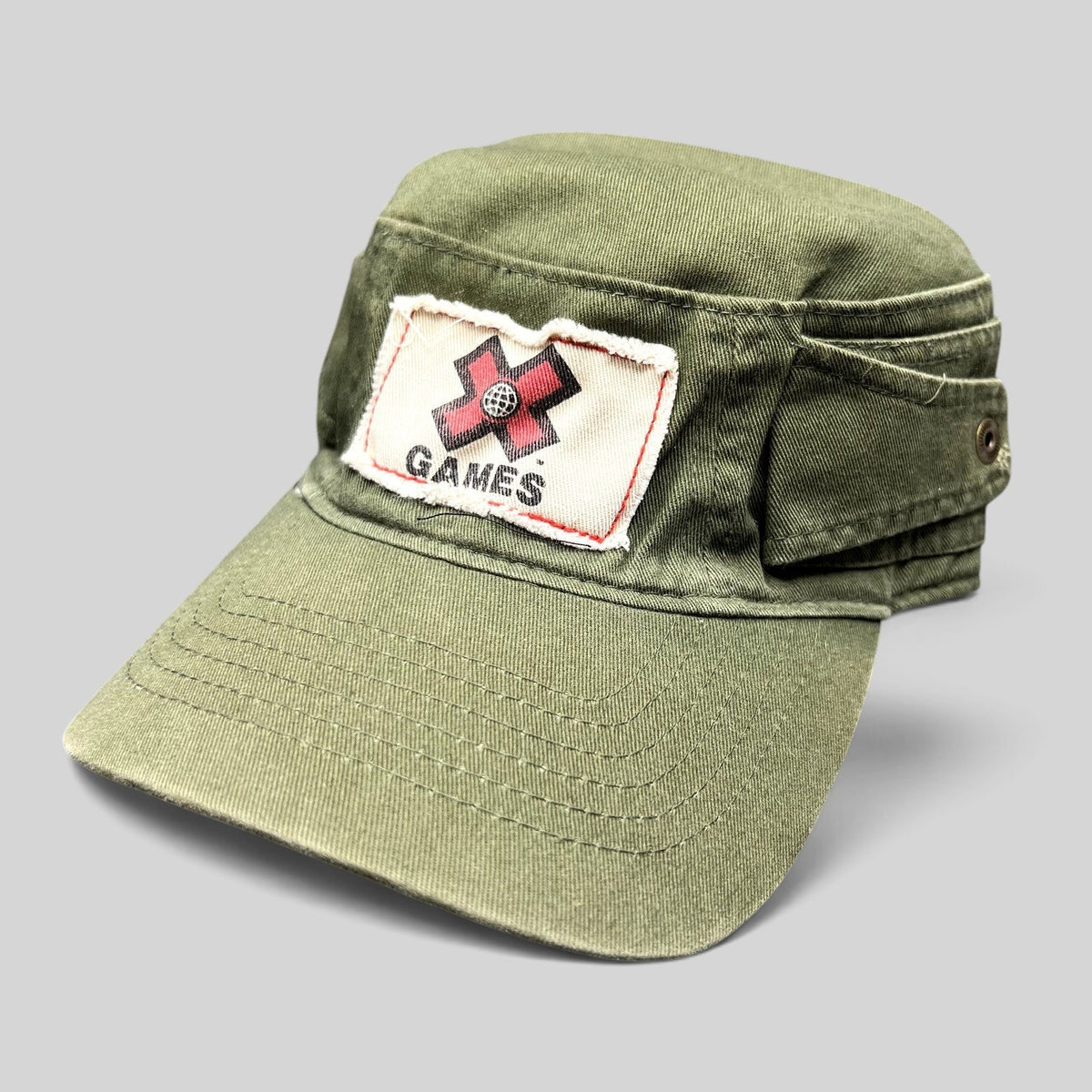 Raree Finds vintage olive green X Games cadet military cap with distressed patchwork and ESPN side embroidery