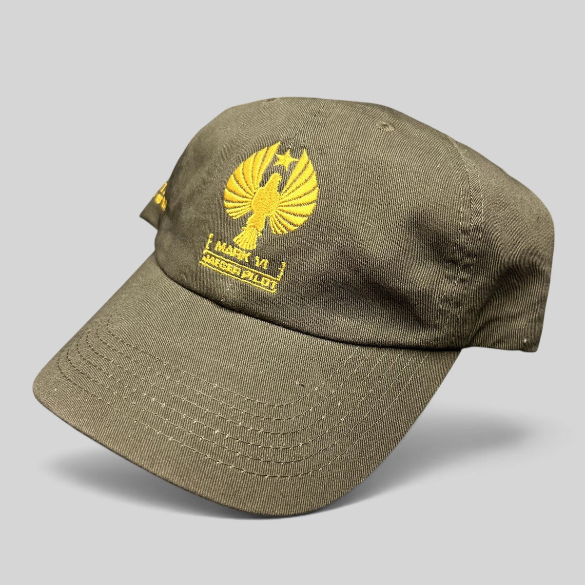 Raree Finds olive drab cotton strapback hat with gold embroidered Pacific Rim Uprising Jaeger Pilot insignia