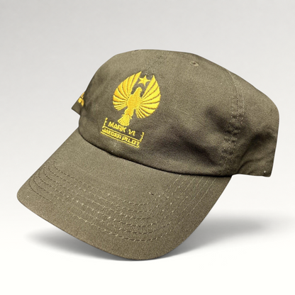 Raree Finds olive drab cotton strapback hat with gold embroidered Pacific Rim Uprising Jaeger Pilot insignia