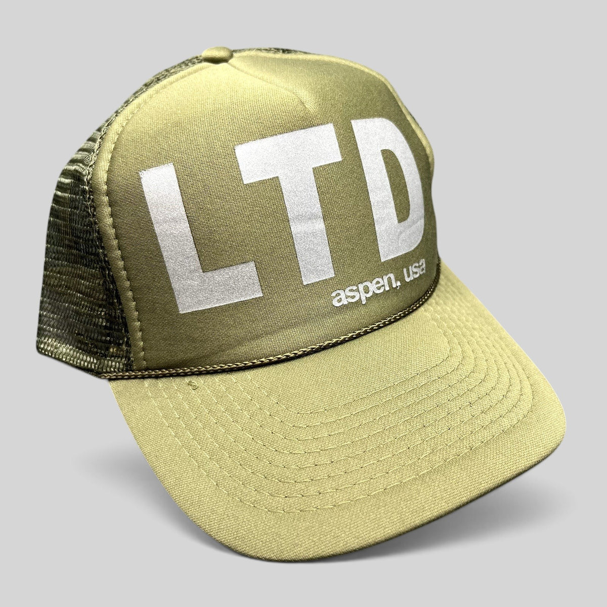 Raree Finds olive green LTD Aspen USA trucker snapback hat with reflective graphic and breathable mesh back panel.