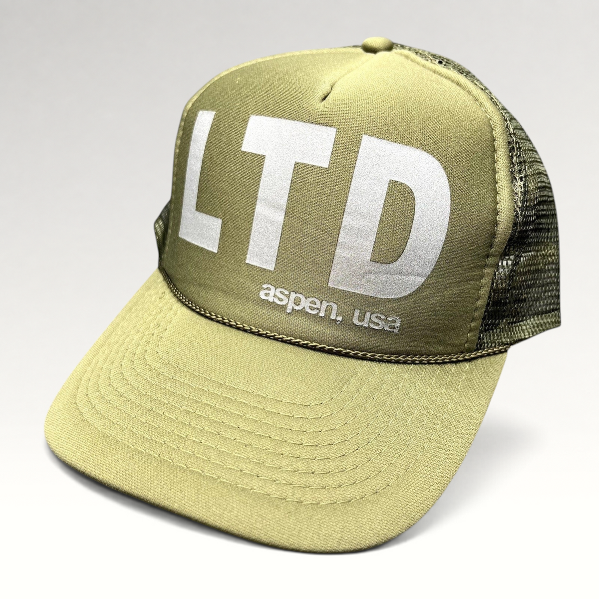 Raree Finds olive green LTD Aspen USA trucker snapback hat with reflective graphic and breathable mesh back