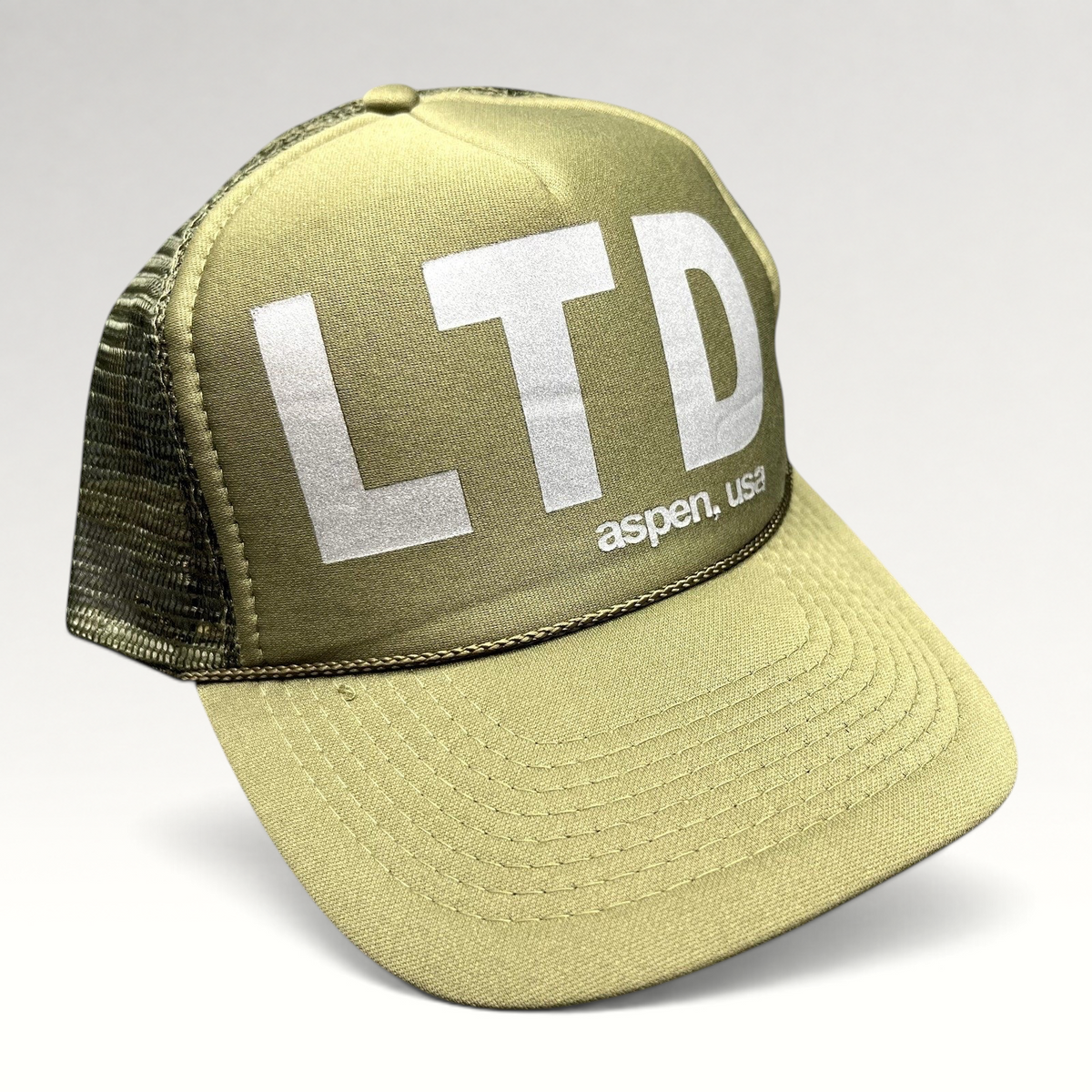Raree Finds olive green LTD Aspen USA trucker snapback hat with reflective graphic and mesh back