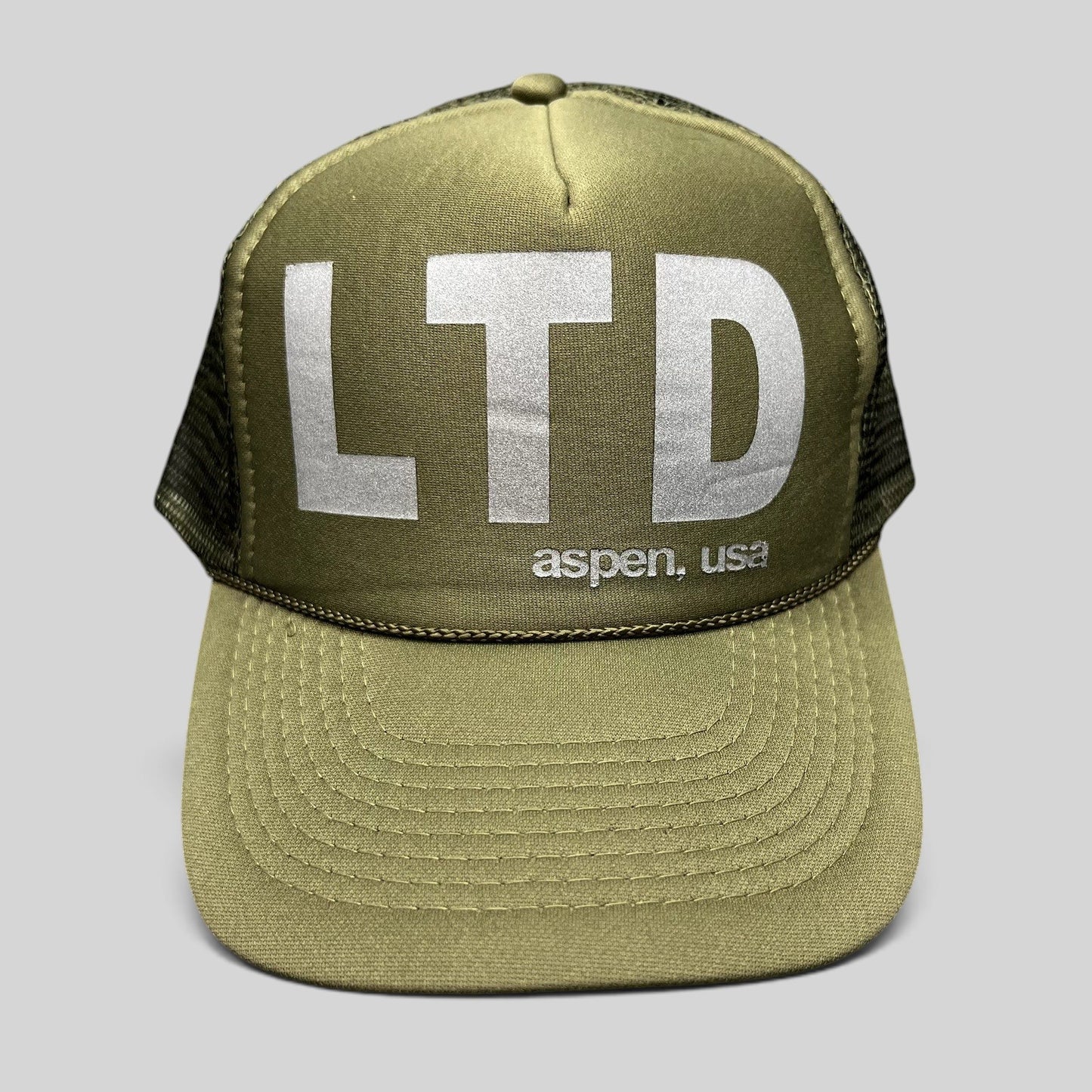 Raree Finds olive green LTD Aspen USA trucker snapback hat with reflective graphic and mesh back