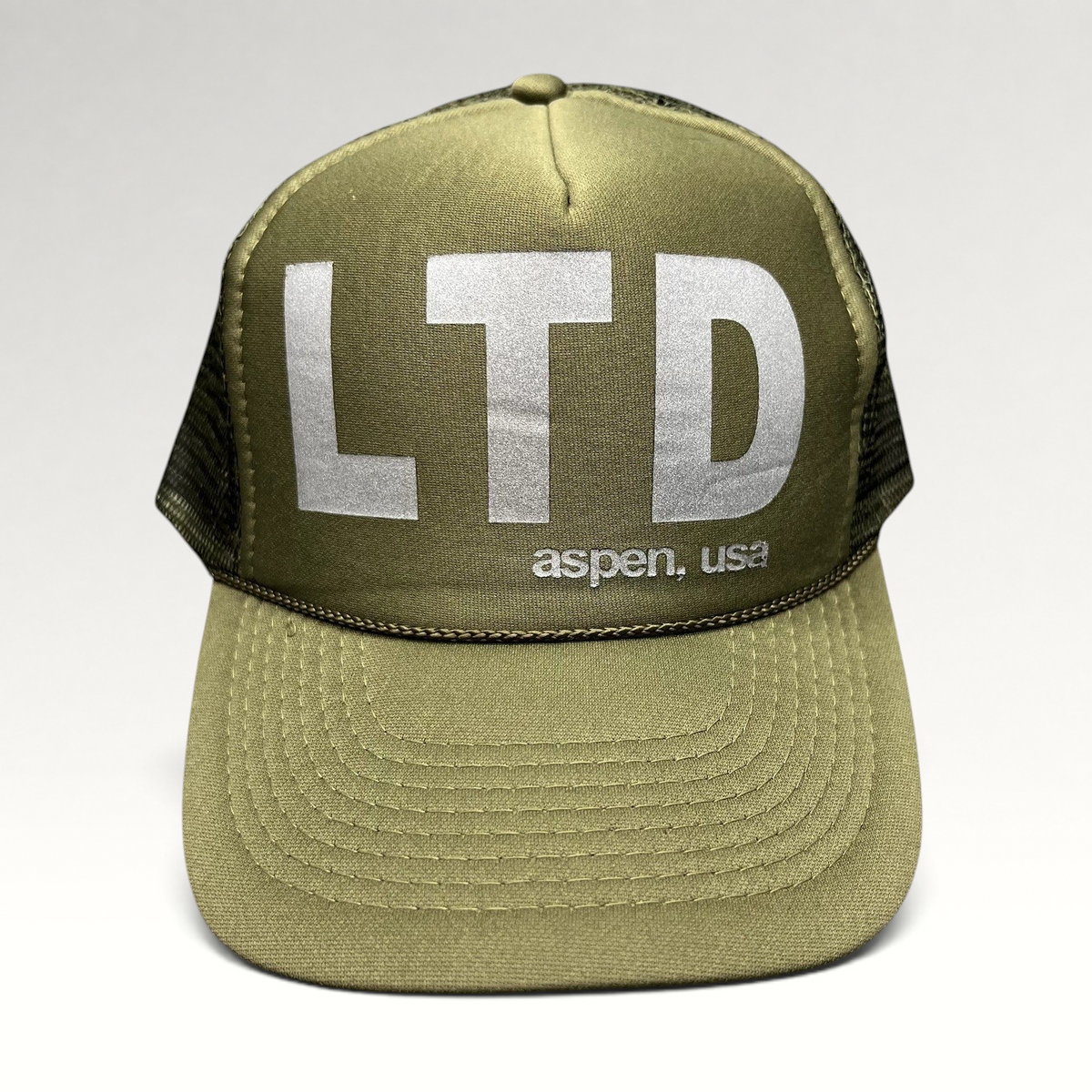 Raree Finds olive green trucker hat with reflective LTD Aspen USA graphic and breathable mesh back