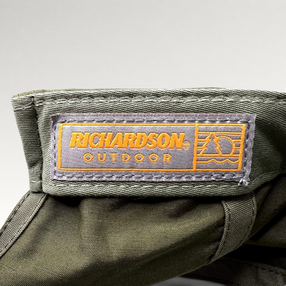 Raree Finds olive green Richardson Outdoor cap interior label with orange branding and performance fabric detail
