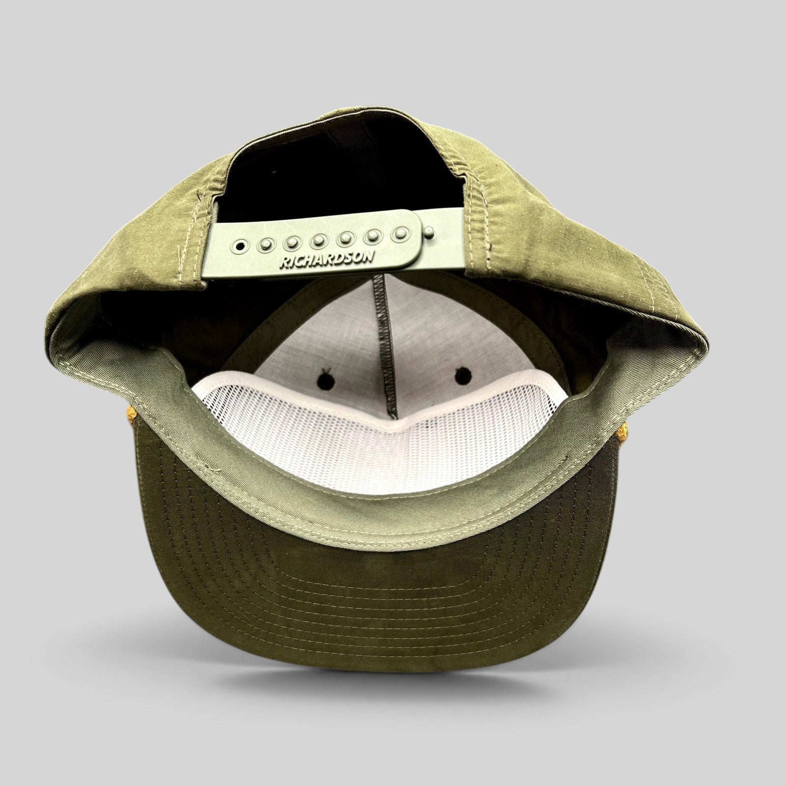 Raree Finds Wendlandt Brewery olive green Richardson Outdoor snapback hat showing the interior mesh and adjustable strap
