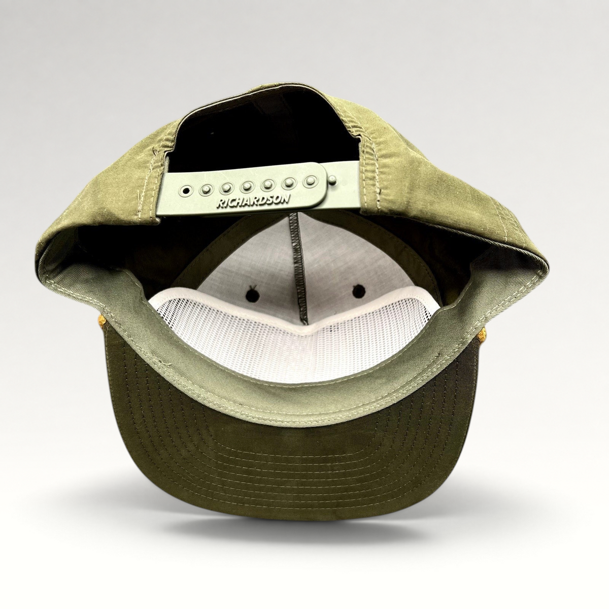 Raree Finds Wendlandt Brewery olive green Richardson Outdoor snapback hat showing the interior mesh and adjustable strap