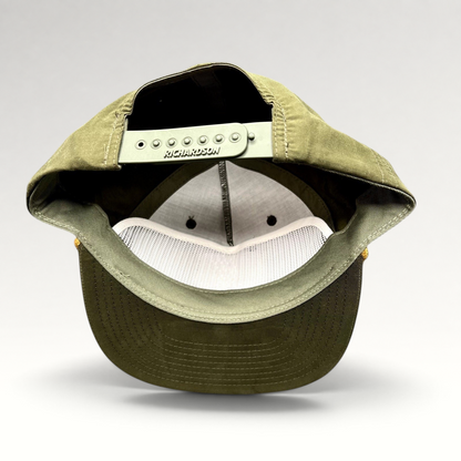 Raree Finds Wendlandt Brewery olive green Richardson Outdoor snapback hat showing the interior mesh and adjustable strap