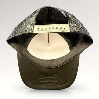 Raree Finds olive green OTTO trucker hat showing the interior mesh back and adjustable snapback closure