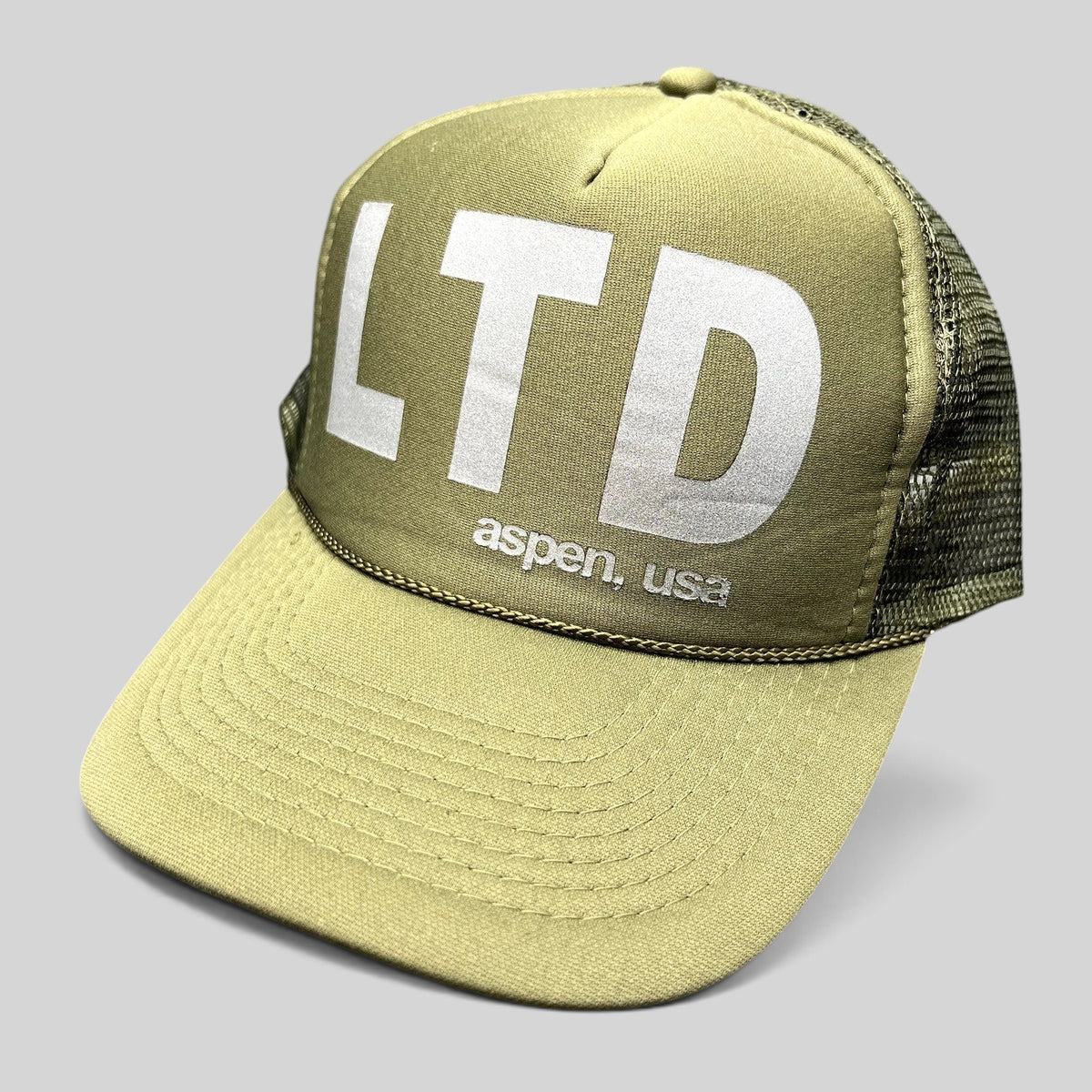 Raree Finds olive green LTD Aspen USA trucker hat with reflective graphic and breathable mesh back snapback closure.