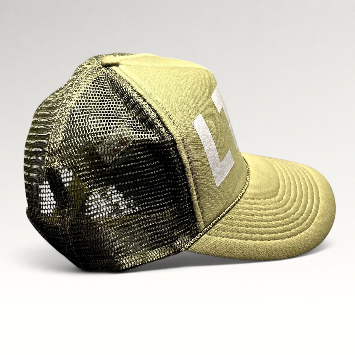 Raree Finds olive green LTD Aspen USA trucker snapback hat with reflective graphic and breathable mesh back