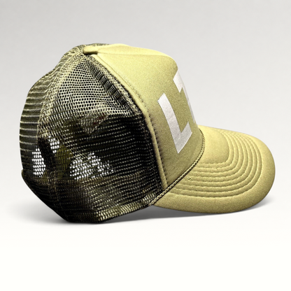 Raree Finds olive green LTD Aspen USA trucker snapback hat with reflective graphic and breathable mesh back
