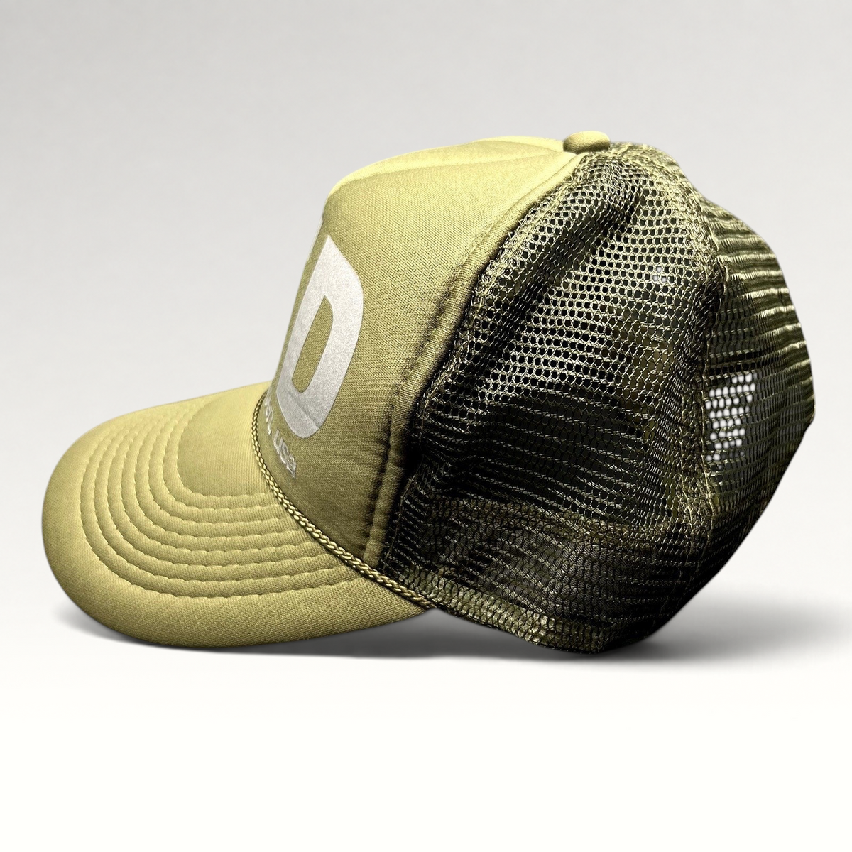 Raree Finds olive green LTD Aspen USA trucker snapback hat with reflective graphic and breathable mesh back