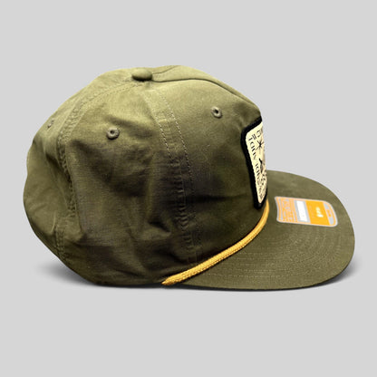 Raree Finds olive green Wendlandt Brewery snapback hat with a front patch logo and decorative rope on the brim.