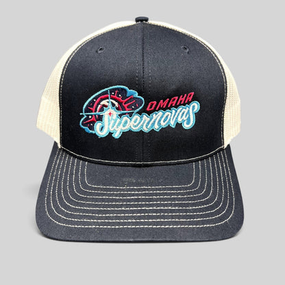 Raree Finds Omaha Supernovas Richardson 112 navy and white trucker hat with teal and pink embroidered logo