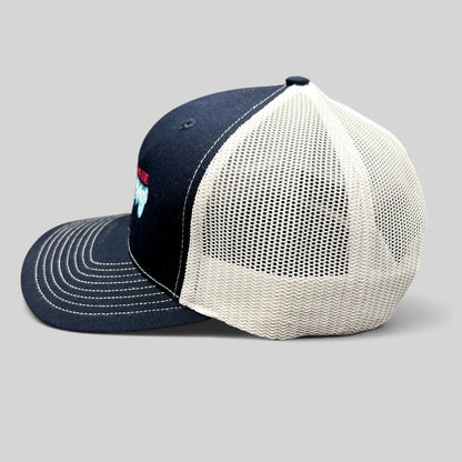 Raree Finds Omaha Supernovas Richardson 112 navy blue and white mesh trucker hat with embroidered logo side view
