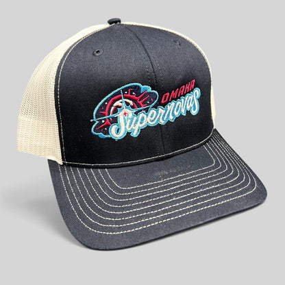 Raree Finds Omaha Supernovas Richardson 112 navy and white trucker hat with teal and pink embroidered logo