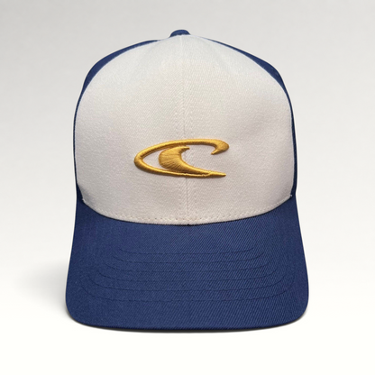 Raree Finds vintage O’Neill Flexfit surf cap with a white crown, navy bill, and gold embroidered wave logo.