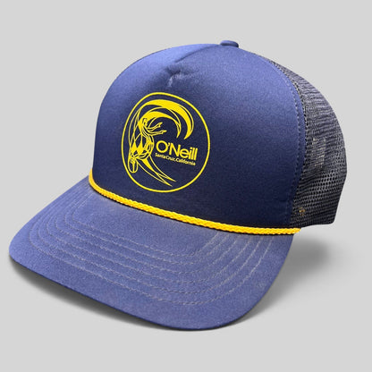 Raree Finds vintage O’Neill navy and yellow trucker hat with surf graphic, rope detail, and mesh back.