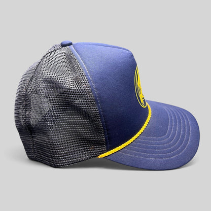 Raree Finds O’Neill navy and yellow foam trucker hat with mesh back, yellow rope detail, and surf graphic side view