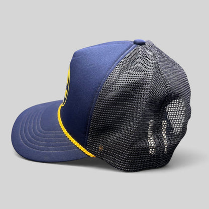 Raree Finds vintage O’Neill navy and yellow trucker hat with mesh back, rope detail, and surf graphic side view