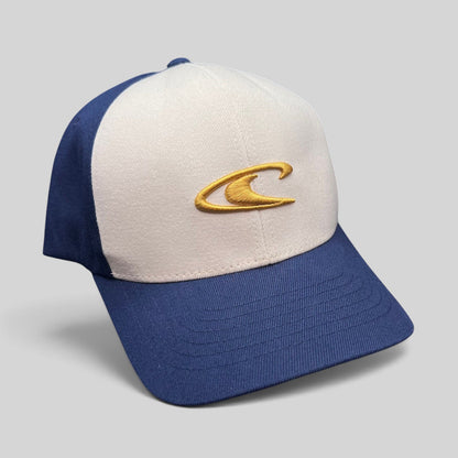 Raree Finds vintage O’Neill Flexfit surf cap with a white front panel, navy bill, and gold embroidered wave logo.