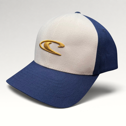 Raree Finds vintage O’Neill Flexfit surf hat with a white crown, navy bill, and gold embroidered wave logo.