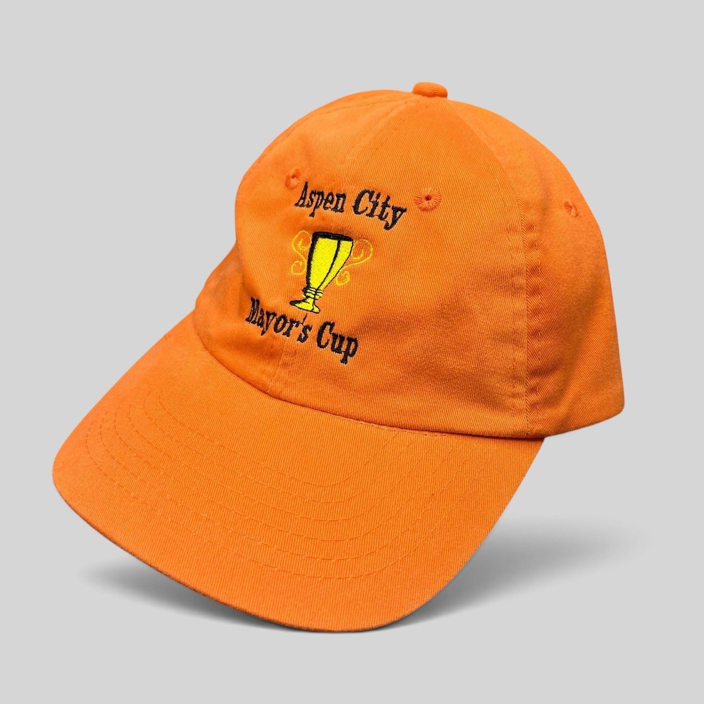 Raree Finds orange cotton dad cap with embroidered Aspen City Mayor’s Cup trophy graphic and adjustable strapback