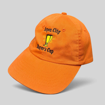 Raree Finds orange cotton dad cap with embroidered Aspen City Mayor’s Cup trophy graphic and adjustable strapback