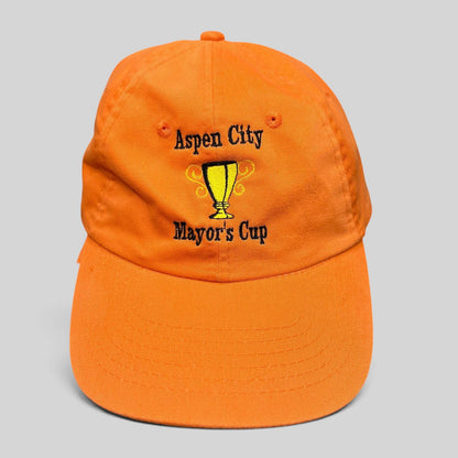 Raree Finds orange cotton dad cap featuring an embroidered Aspen City Mayor’s Cup trophy graphic and strapback closure.
