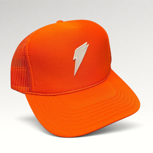 Raree Finds bright orange OTTO trucker hat with a white embroidered Gatorade lightning bolt logo and mesh back.