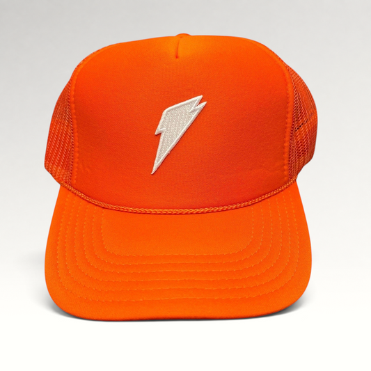 Raree Finds bright orange OTTO trucker hat with a white embroidered Gatorade lightning bolt logo on a foam front.